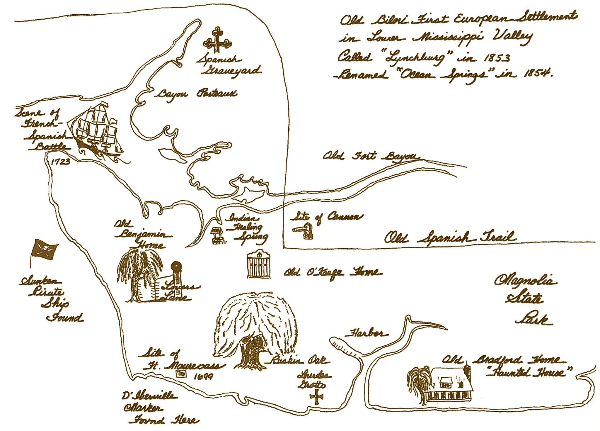 Illustrated historical map of Ocean Springs and Old Biloxi