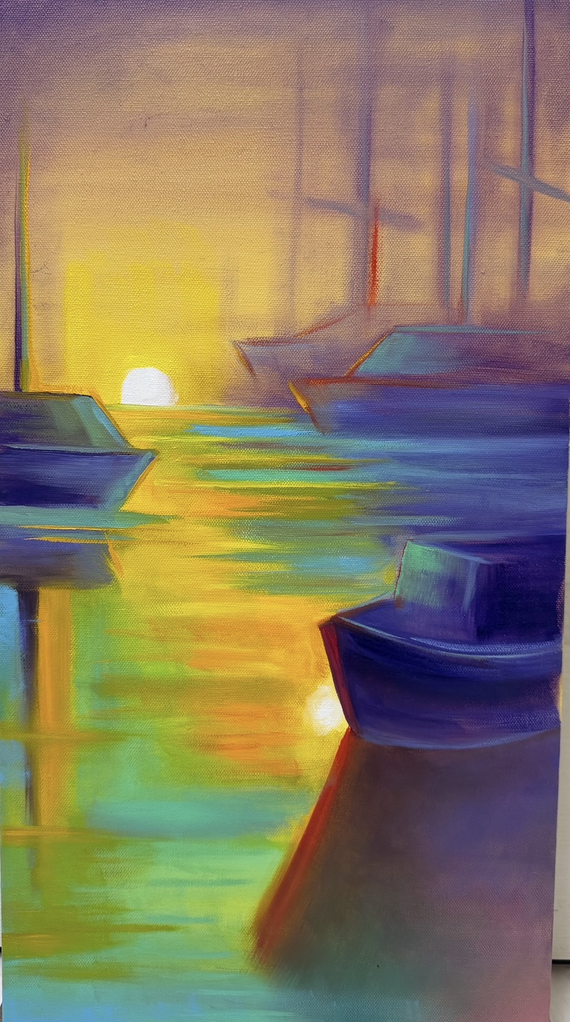 Sunset boats artwork by Linda Fayard