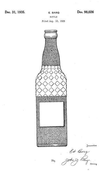 United States Design Patent Des. 98,026 drawing for an Ed Barq bottle
