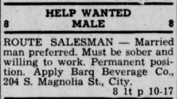 1952 classified advertisement seeking a route salesman for Barq Beverage Company