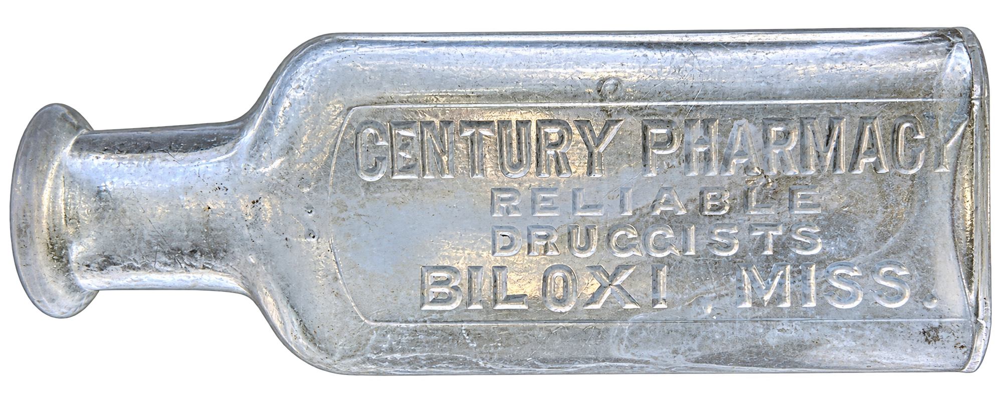 Century Pharmacy Reliable Druggists Biloxi, Mississippi embossed glass bottle