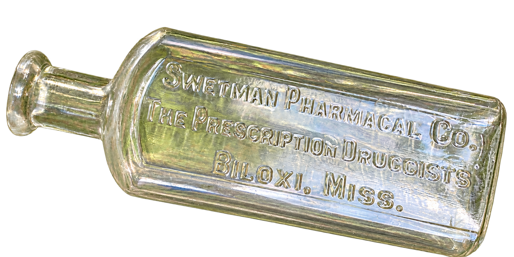 Sweetman Pharmacy Co. Prescription Druggists Biloxi, Mississippi embossed glass bottle