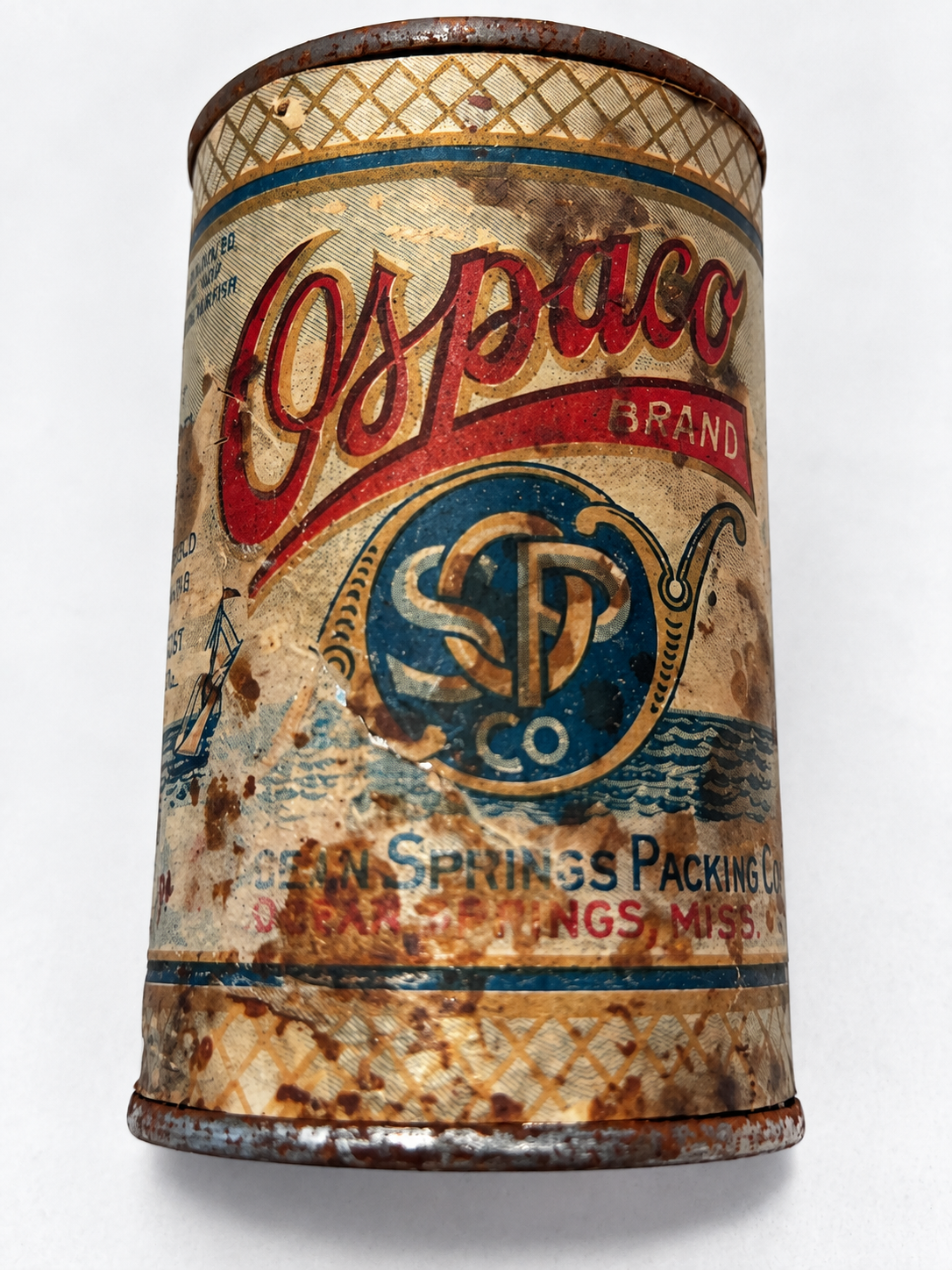 OSpaco can from Ocean Springs Packing Co., Ocean Springs, Mississippi