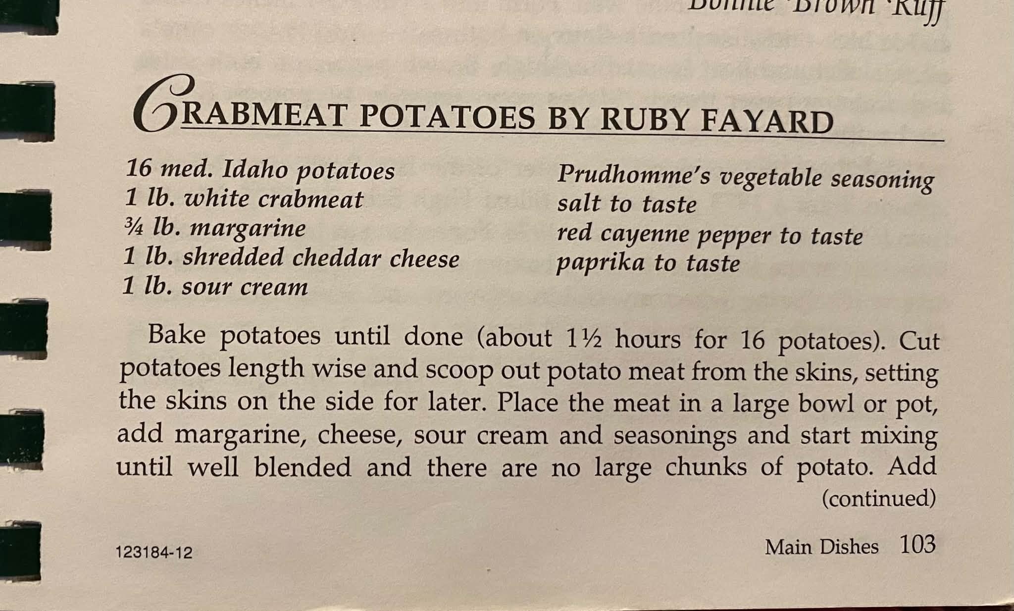 Recipe page for crabmeat potatoes by Ruby Fayard