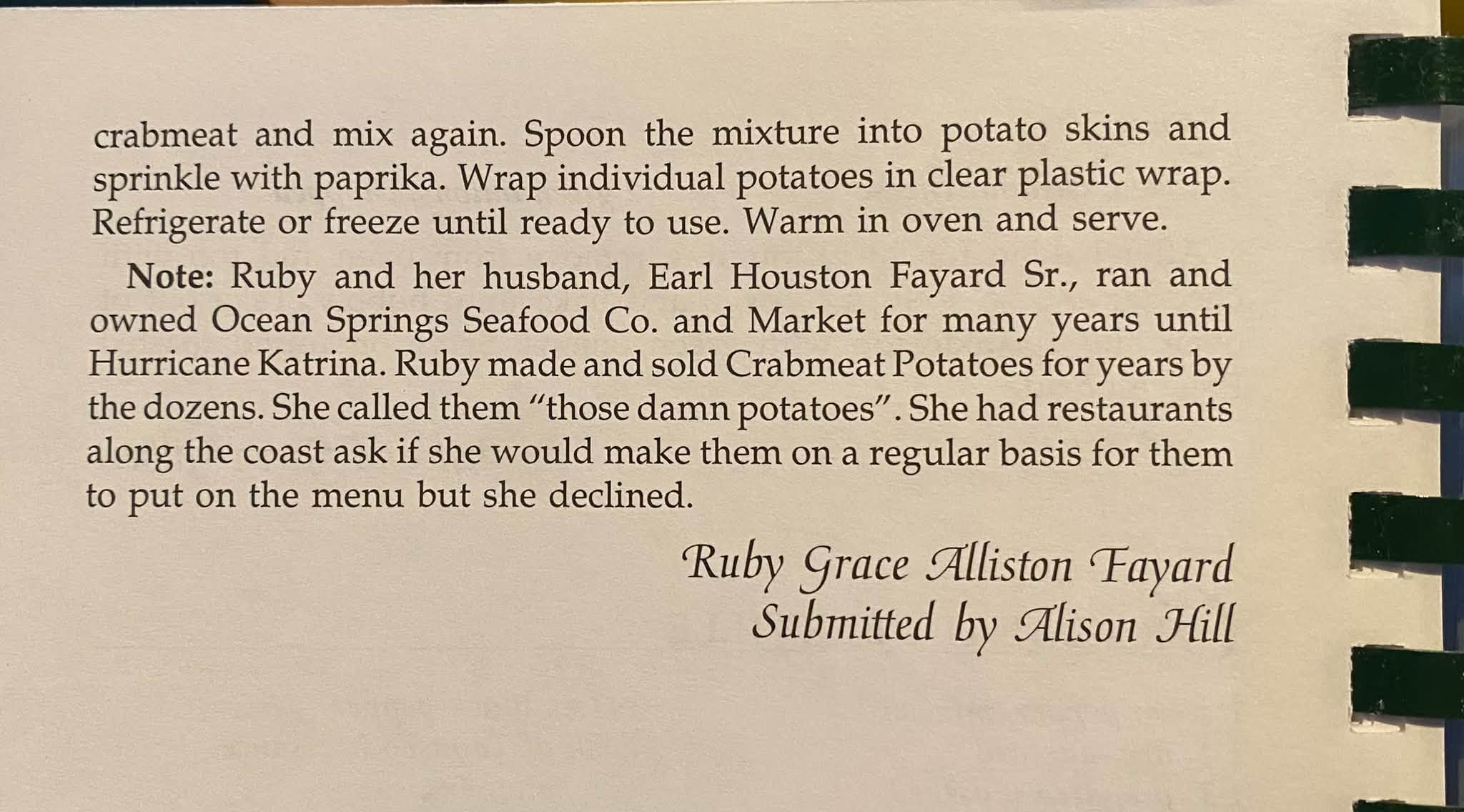 Recipe note describing Ruby Fayard and Ocean Springs Seafood Co.