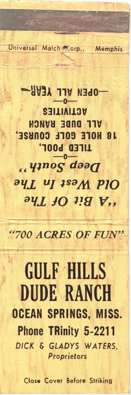 Gulf Hills Dude Ranch matchbook advertising Old West in the Deep South