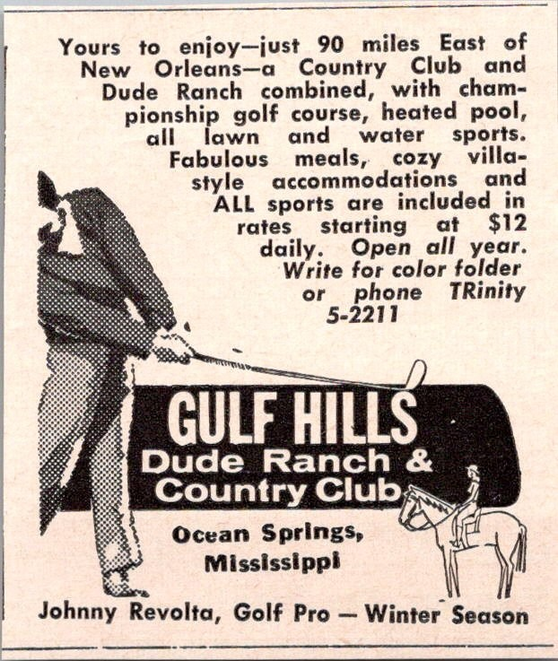 Gulf Hills Dude Ranch and Country Club advertisement featuring golf professional Johnny Revolta