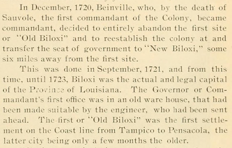 Historic printed passage describing the 1720 transfer of the colony from Old Biloxi to New Biloxi