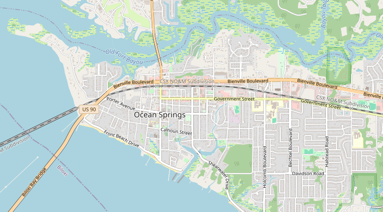 Central Ocean Springs map with numbered locations of trees documented at 15 feet or more in circumference