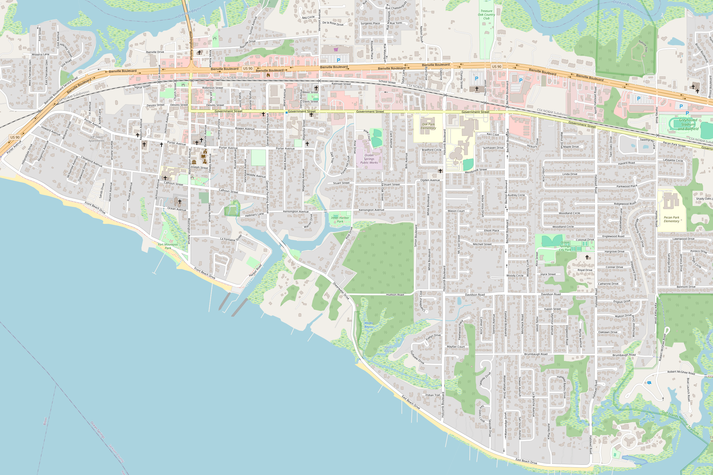 Address-based street map of the 19 Ocean Springs Historic Tree Trail stops