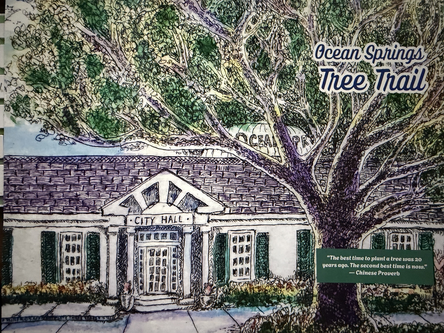 Illustrated Ocean Springs Tree Trail artwork showing City Hall beneath a live oak